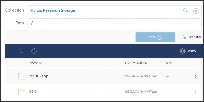 Globus screenshot example showing the results with "Illinois Research Storage" collection and "/" path.