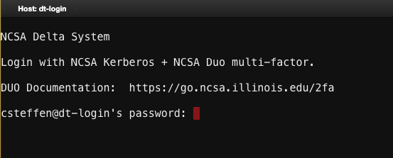 Terminal with a command prompt that ends in "csteffen@dt-login's password:"