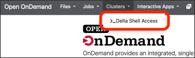 Open OnDemand interface showing the ">_Delta Shell Access" option in the Clusters menu.