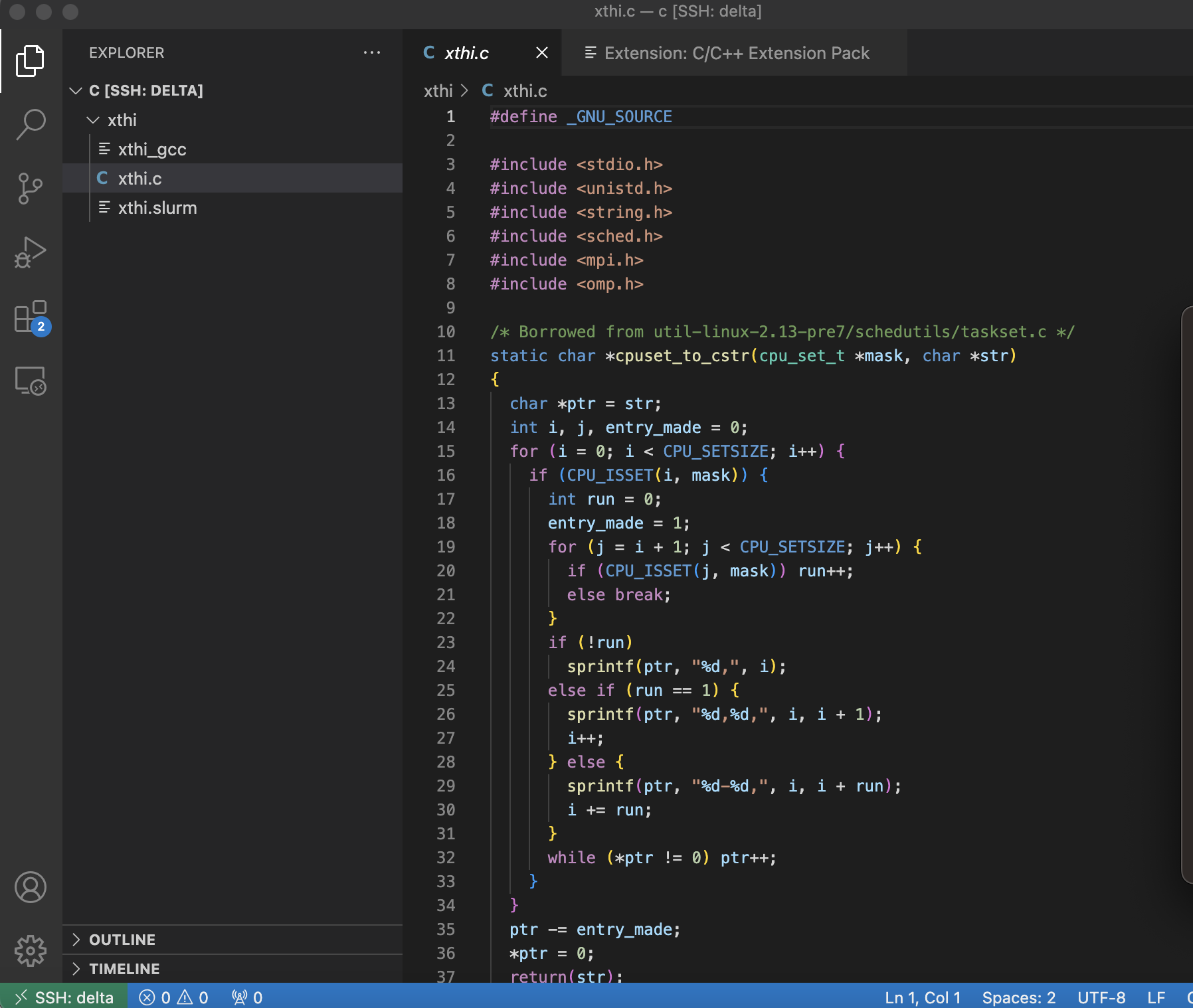 Using VS Code to work with a C file on Delta.