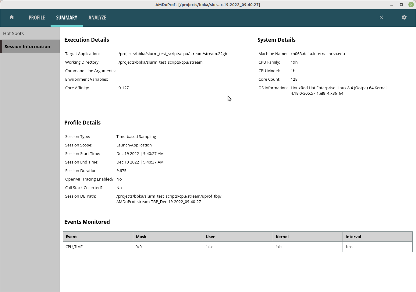 session summary info