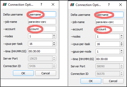 Side-by-side comparison of connection options modal dialog for CPU and GPU, respectively.