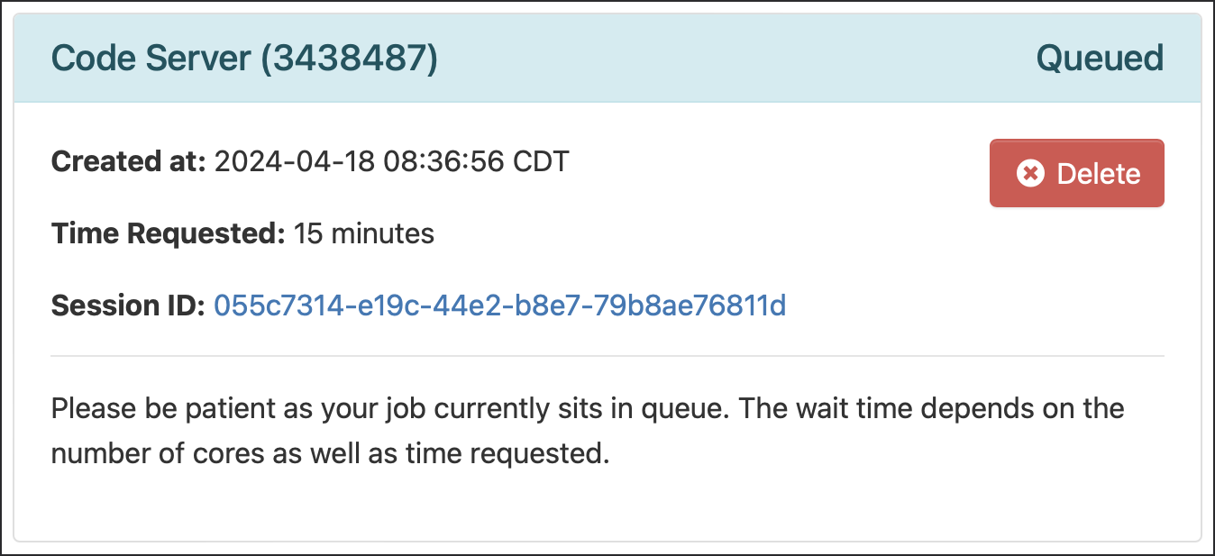 Open OnDemand My Interactive Sessions screen showing the Code Server session status: "Your session is currently starting...Please be patient as this process can take a few minutes."