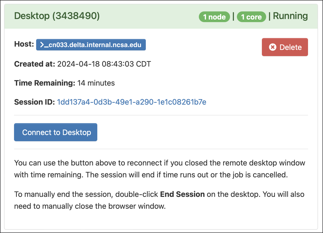 Open OnDemand My Interactive Sessions screen showing the Desktop session with the Connect to Desktop button.