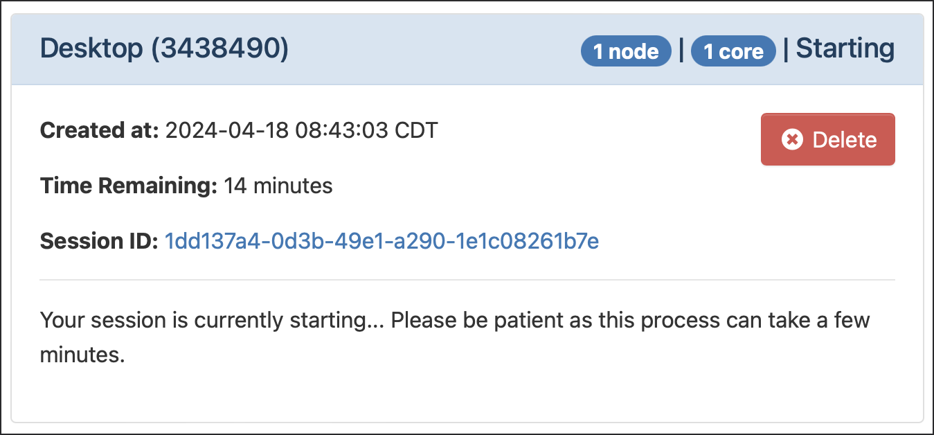 Open OnDemand My Interactive Sessions screen showing the Desktop session status: "Your session is currently starting...Please be patient as this process can take a few minutes."