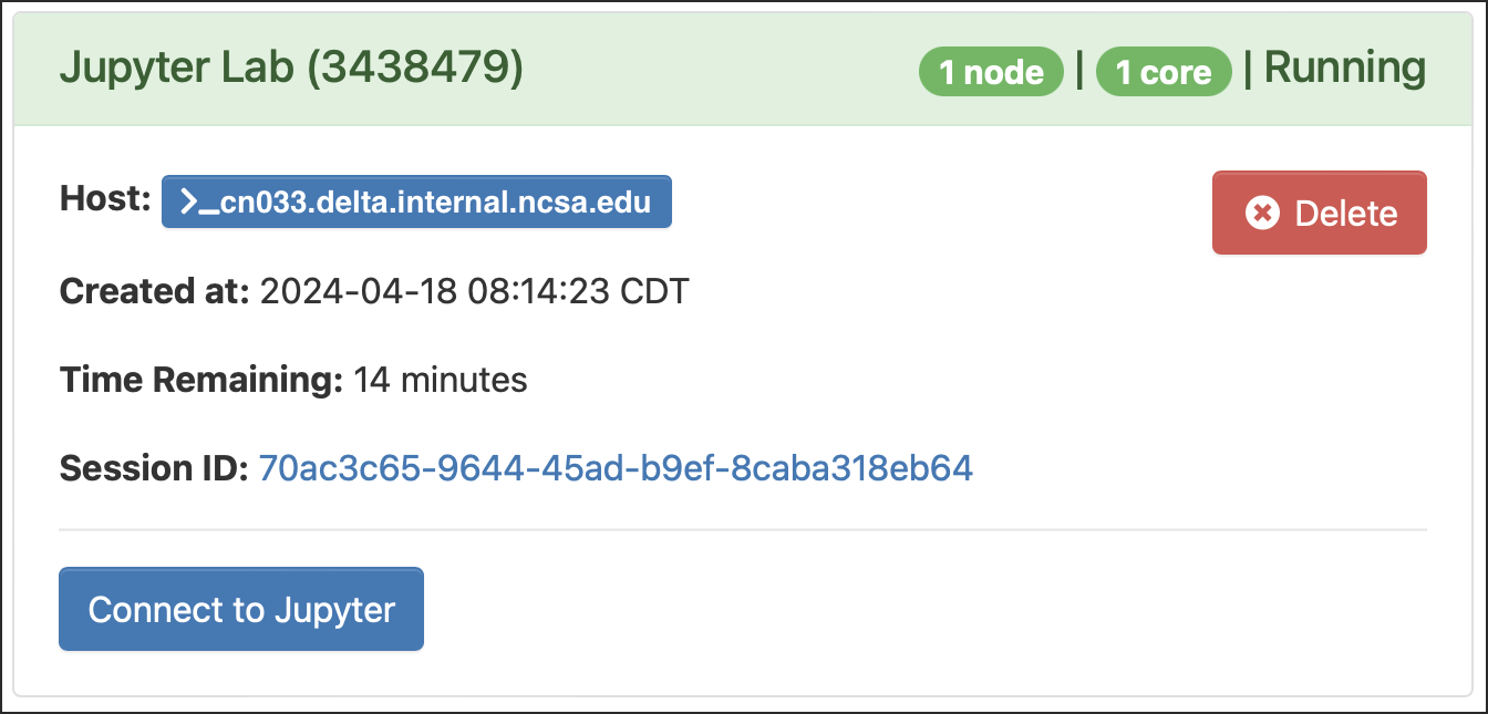 Open OnDemand My Interactive Sessions screen showing the Jupyter Lab session with the Connect to Jupyter button.
