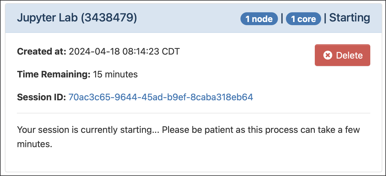 Open OnDemand My Interactive Sessions screen showing the Jupyter Lab session status: "Your session is currently starting...Please be patient as this process can take a few minutes."