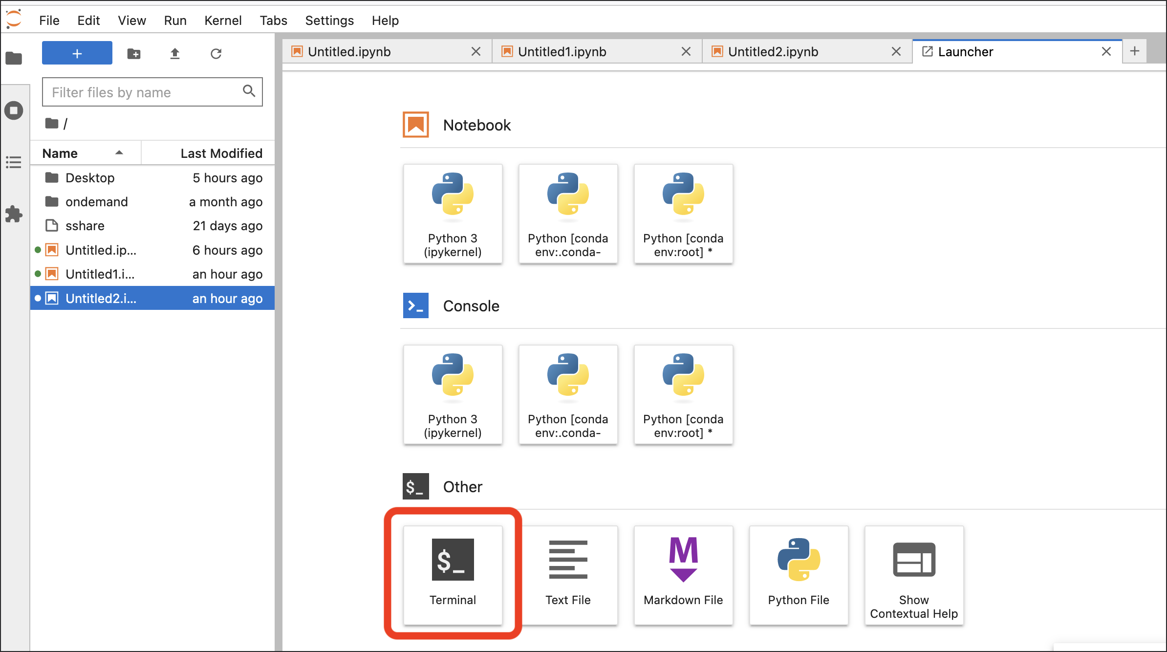 JupyterLab Launcher window with the Terminal button highlighted.