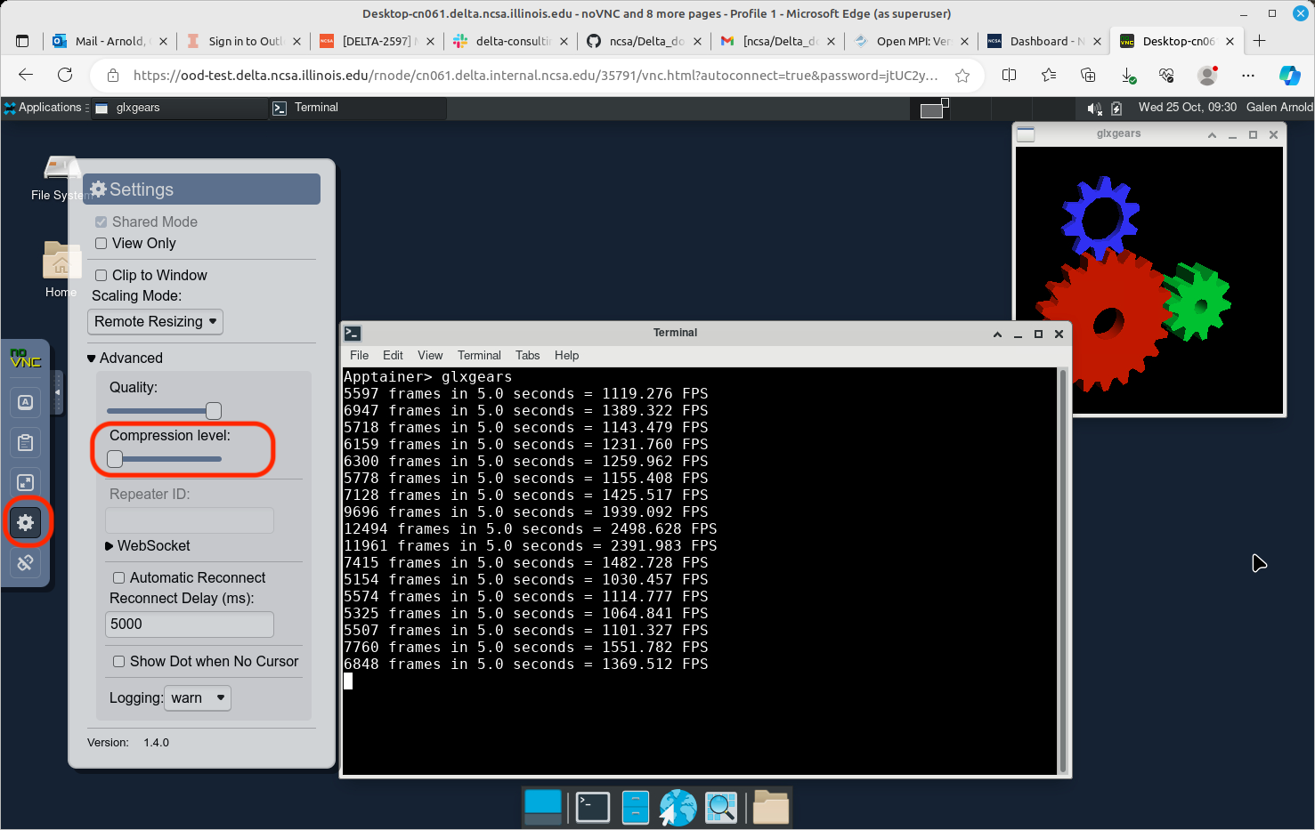 noVNC Desktop settings window showing Compression level slider set all the way to the left (off).