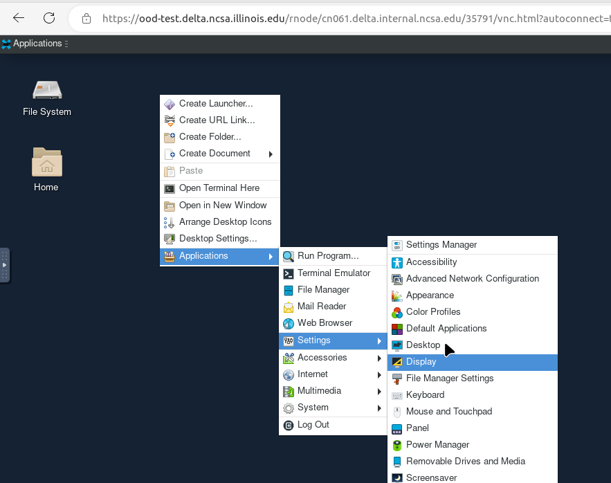 In noVNC Desktop, right click the background and choose Applications, then Settings, then Display.