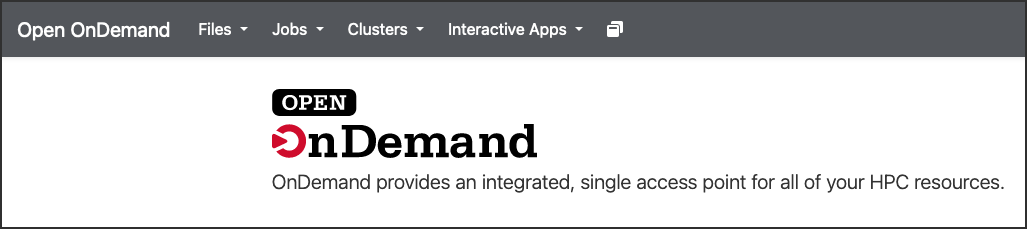 Open OnDemand home screen showing the "files", "jobs", "clusters", "interactive apps", and "my interactive sessions" options in the menu bar at the top of the window.
