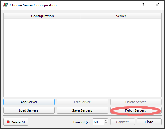Choose server configuration modal dialog with fetch servers button highlighted.