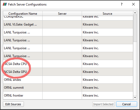 Fetch server configurations modal dialog with NCSA configurations highlighted.