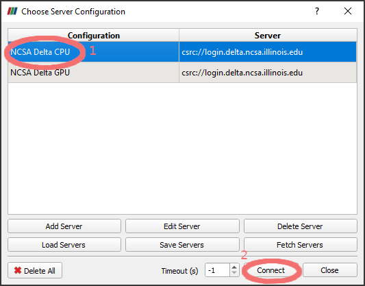 Choose server configuration modal dialog with NCSA profile and connect button highlighted.