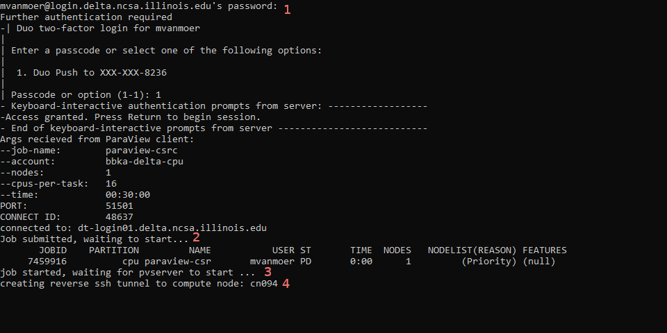 Pop-up terminal session showing authentication, job submission, job status, and connection messages.