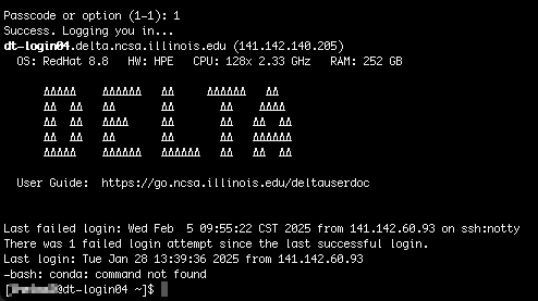 Terminal window showing Delta welcome message after log in.
