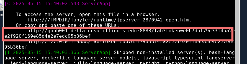 A terminal session showing a highlighted URL from a browser-less jupyter-lab session