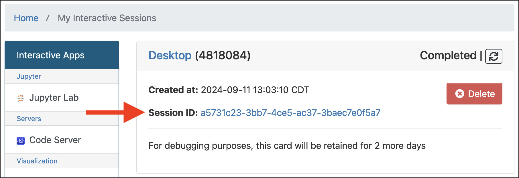 Example interactive session with the Session ID field highlighted.