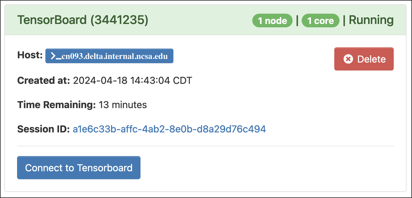 Open OnDemand My Interactive Sessions screen showing the TensorBoard session with the Connect to TensorBoard button.
