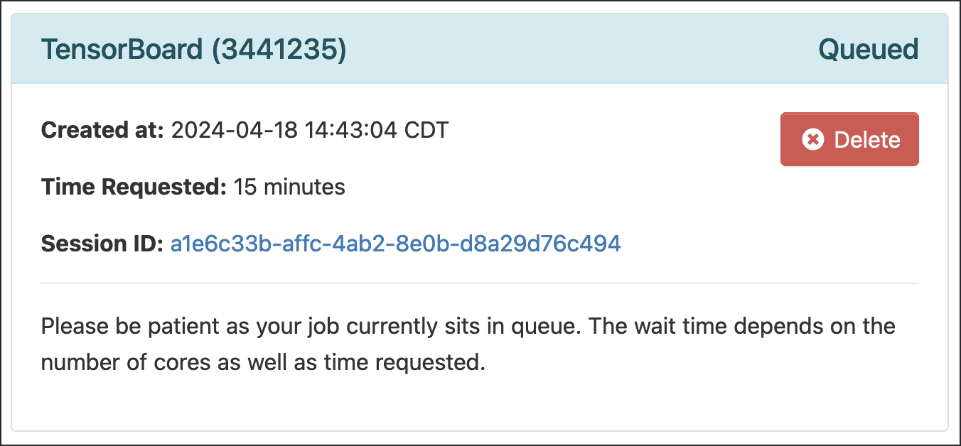 Open OnDemand My Interactive Sessions screen showing the Code Server session status: "Your session is currently starting...Please be patient as this process can take a few minutes."