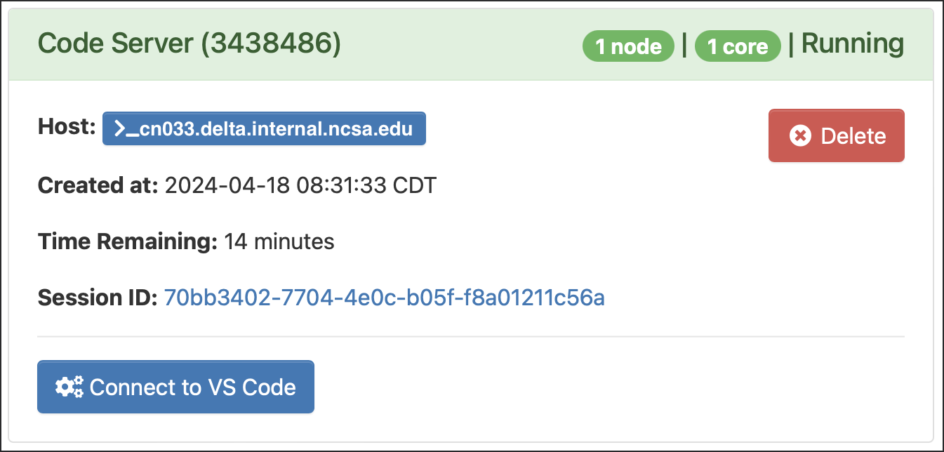 Open OnDemand My Interactive Sessions screen showing the Code Server session with the Connect to VS Code button.