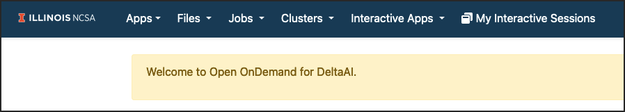 Open OnDemand home screen showing the "files", "jobs", "clusters", "interactive apps", and "my interactive sessions" options in the menu bar at the top of the window.
