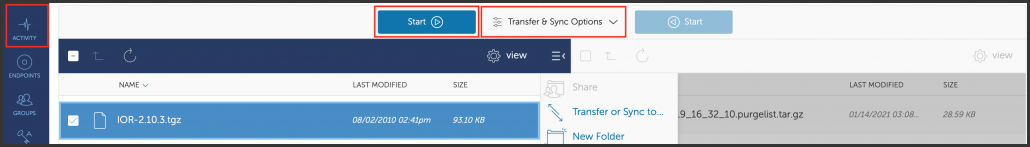 Globus activity transfer screen.