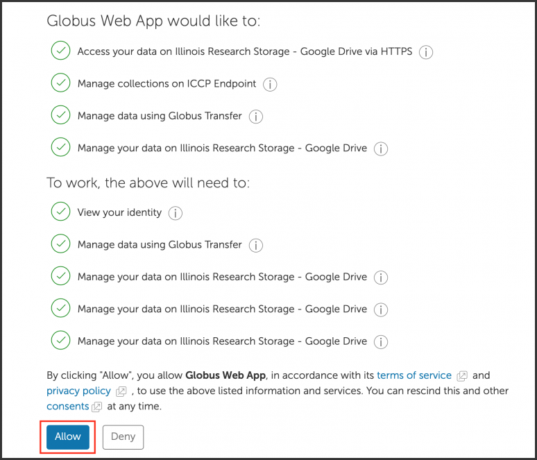 Globus Illinois Research Storage web app information and services allow screen.