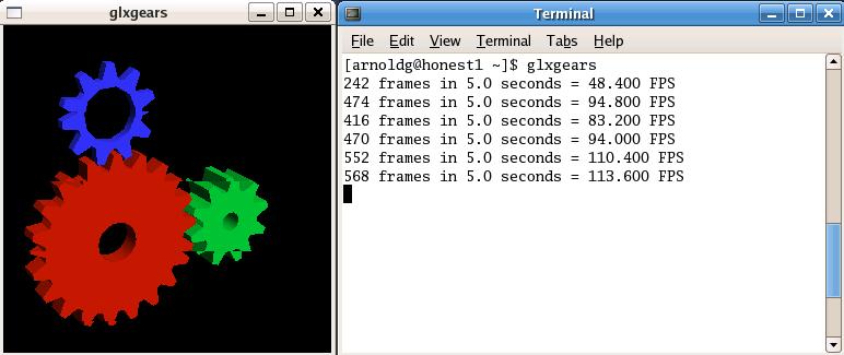 X Window glxgears command example display output. A box with 3 rotating gears showing the local frame refresh rate for 3D work in frames per second (FPS)