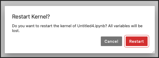 Pop-up window where you confirm your choice to restart the kernel.