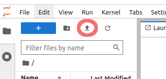 A screenshot showing the JupyterLab upload icon highlighted.