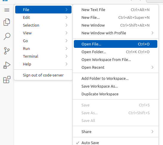 A screenshot showing the expanded Visual Studio Code file open menus.