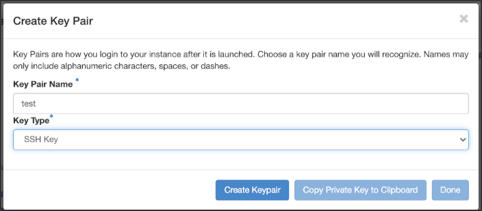 Create Key Pair pop-up window.